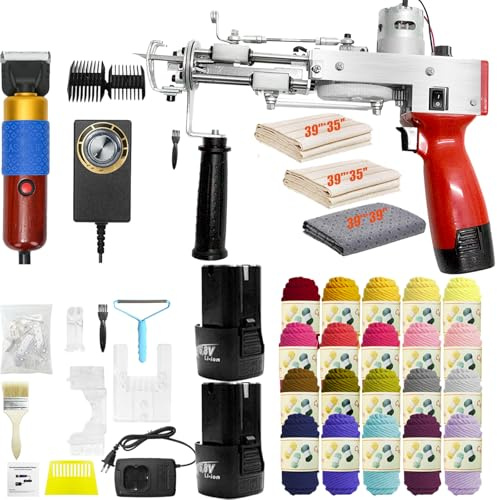 Aisny Pistola Mechones, Juego Mechones Máquina para Alfombras Cortador Alfombras 2 x 2600 mAh Batería para Pelo Cortado y Pila Bucles 20 Rollos Hilo con Paños Mechones con Pistola Mechones