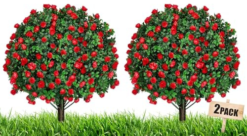 FUHSY Artificial Boxwood Topiary Ball Tree Outdoor Plants with Red Rose Flowers 2 Pack 60cm UV Resistant Artificial Shrub Bushes with Ground Spike Fake Boxwood Ball for Garden Porch Patio Decoration