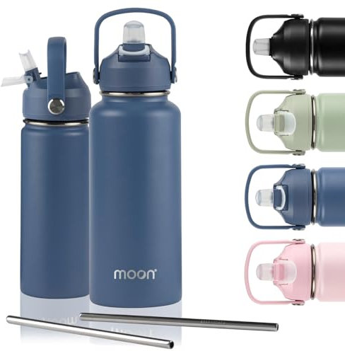 Moon Bottles - Insulated Water Bottle with Straw - Stainless Steel Sports Drink Bottle, Thermal Flask, 24hr Cold, 12hr Hot, Double Walled, Metal Straw, Silicon Spout, UK Company (1L, Blue)