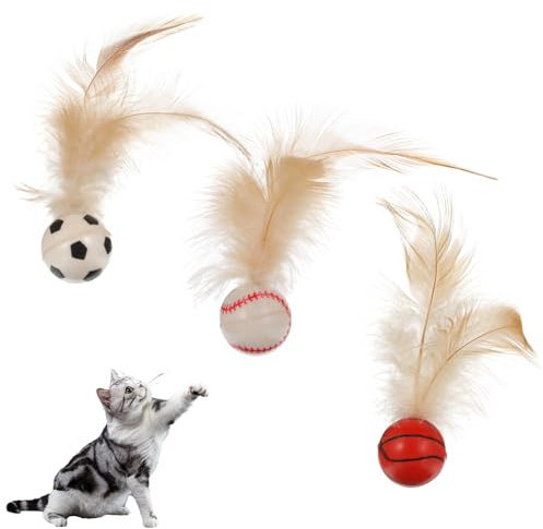 KFHENSOMR 3pcs Elastic Cat Bouncy Ball with Feather, Cat Feather Balls Toy for Pet Play Indoors Outdoors, Mini Interactive Feathers Ball Toy Set for Cats, Rolling Balls for Cats Playing Exercise