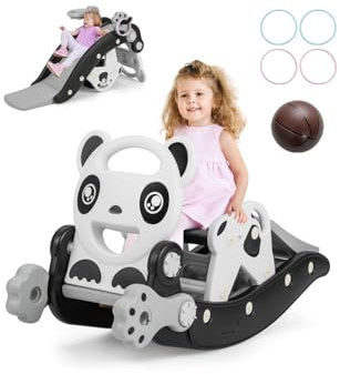 FANTASK Toboggan 5 en 1 pour Enfant, Cheval à Bascule, Aire de Jeux pour Enfants avec Basket-Ball et Jeu d'anneaux, Toboggan pour l'intérieur et l'extérieur pour Les Tout-Petits de 1 à 5 Ans (Panda
