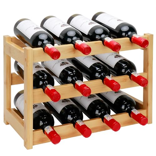Thalomely Bamboo Wine Rack, 3-Tier 12 Bottles Wine Storage Cabinet Shelf