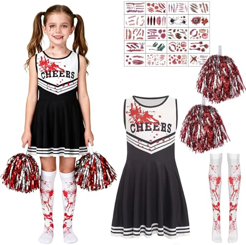 Sunshine smile Cheerleader Kostüm,Halloween-Cheerleader mit Pompons Blutige Strümpfe Tattoo Aufkleber,Gruselige Zombie Horror für Halloween Karnevals Cosplay