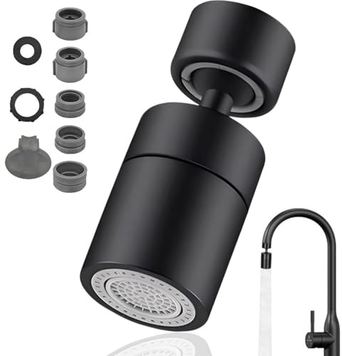Aireadores para Grifos, Aireador Universal para Grifo de Cocina y Baño, 360° Giratorio y Atomizador Ajustable, 2 Modos de Flujo (Chorro Normal y Atomizado), Incluye 5 Adaptadores de Boquilla,Negro