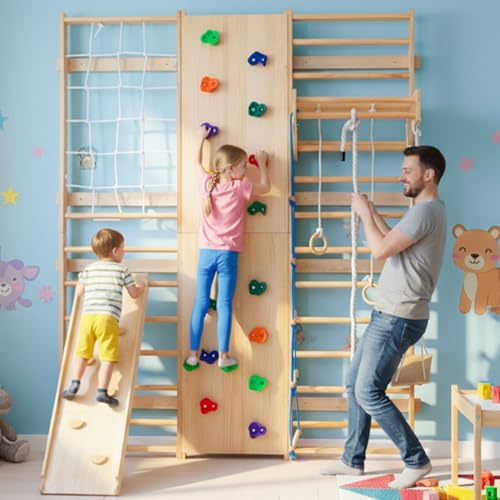 YATON 10-in-1 Swedish Ladder Wall Gym Set, Wooden Indoor Climbing Frame with Slide, Swing, Rock Wall, Rings, Rope Ladder & Pull-Up Bar, Wall-Mounted Home Playground for Kids & Adults