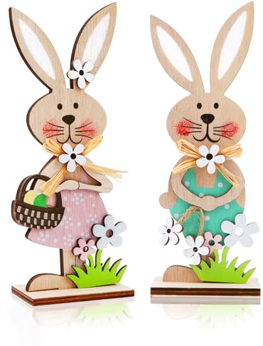 Tutukyle 2PCS Wooden Easter Bunny, Easter Bunnies Decoration for Standing, Wooden Rabbit Decorative Stand, Pink and Green Easter Decoration for Table and Windowsill, Spring Decoration for Living Room
