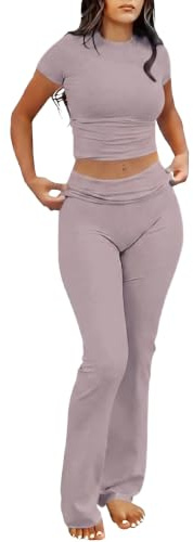 IWOLLENCE Set lounge da donna in due pezzi, a maniche corte, con ampio elastico in vita, pantaloni loungewear, Tortora rosa, XS