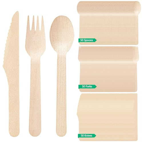 Set De Cubiertos De Madera Compostable, Pack 150 Unidades | 50 Tenedores, 50 Cucharas Y 50 Cuchillos. Sostenible, Ideal Para Bodas, Camping, Fiestas Y Celebraciones