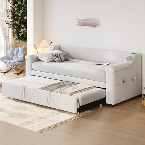 BXEYXE Sängklädsel, bäddsoffa, 90/180 x 190 cm, armstöd bredare och tjockare, med smart bluetooth stereosystem med USB-laddningsport, med förvaringsfack, med ribbotten, sammetstyg, beige