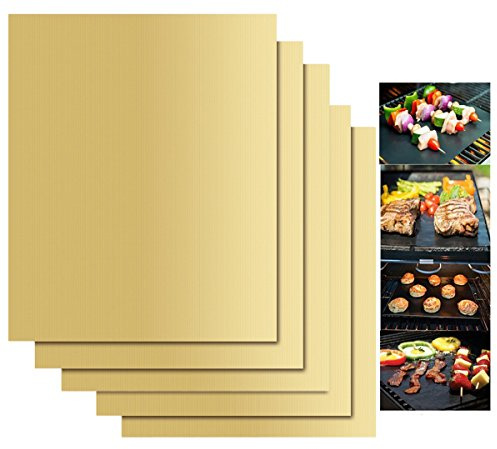5 Stücke BBQ Grillmatte Kochen Matte,KINGCOO Wiederverwendbare Antihaft Backmatte Ofen Liner für Kohle,Gas Grillen Herd Kochen und Backen 40x33 cm (Gold)