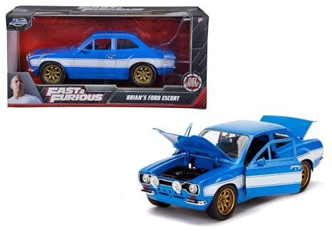 Jada Toys 99572 Fast & Furious Brian's 1974 Ford Escort, Auto, Spielzeugauto aus Die-cast, öffnende Türen, Kofferraum & Motorhaube, Maßstab 1:24, blau