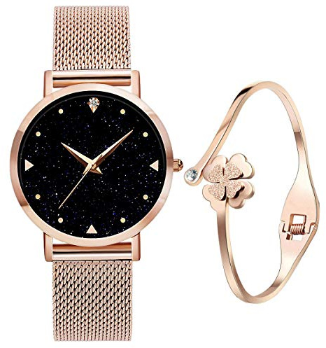 Montre Fille , 3ATM imperméable de analogique Quartz Montres Bracelet pour Femmes avec de Maille d' en Acier Inoxydable Or Rose,Bleu élégant et étoilé