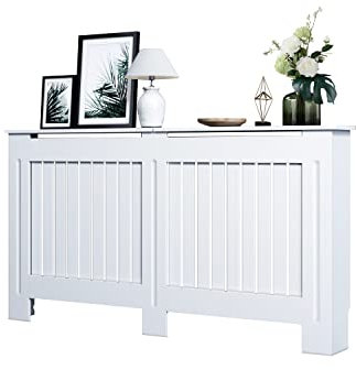 SONNI Petit cache-radiateur moderne à lamelles verticales laquées blanches pour salon, chambre à coucher, cuisine