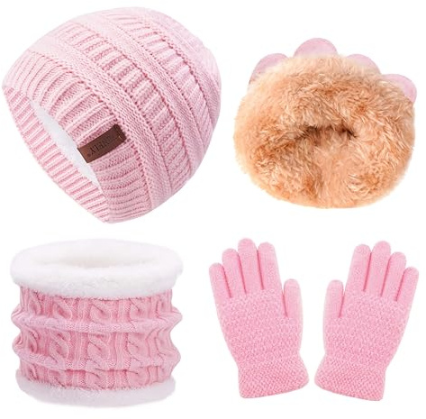 Girls Winter Hat, Scarf, Gloves Set - Kids Beanie Hat, Infinity Scarf, Knitted Gloves - Pink Knit, Thick, Warm, Fleece Lined Thermal Set for 6-10 Years Old Boy, Baby, Toddler, Children
