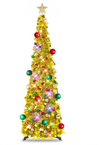 MACTING Künstlicher Weihnachtsbaum Mit Beleuchtung, 5Ft/1.5m Gold Tannenbaum Künstlich, Zusammenklappbarer Pop-up Christbaum Mit Weihnachtskugeln, Sternspitze, Weihnachtsdeko, Weihnachten Deko