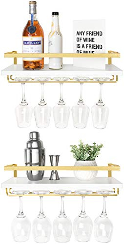 Mkono Wall Mounted Wine Rack, Wine Glass Holder with Wood Shelf, 2 Pack