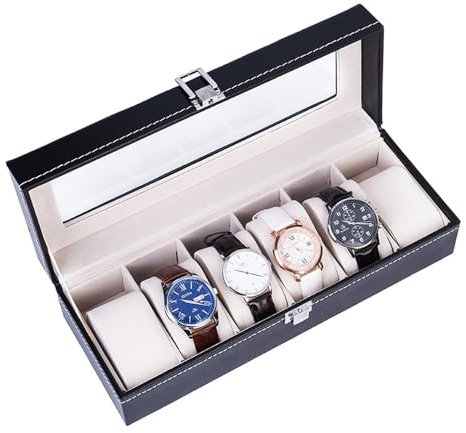 POFET 6 Compartiments Boîte de rangement pour montres Pour homme En cuir,Boîte à Montres en Bois Massif, Coffret Montres Homme/Femme, Boite de Rangement - Noir