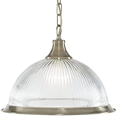 Britalia Antique Brass & Clear Ribbed Glass Dome Vintage Pendant Ceiling Light | 34cm Diameter | 1 x E27 ES Lamp Bulb Required (Not Included) | American Diner Retro Design