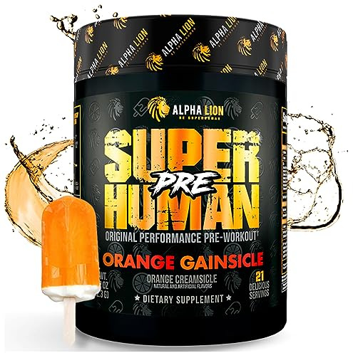 ALPHA LION Superhuman Pre Workout Powder, Beta Alanine, L-Taurine & Tri-Source Caffeine for Sustained Energy & Focus, Nitric Oxide & Citrulline for Pump (21 Servings, Orange Gainsicle)