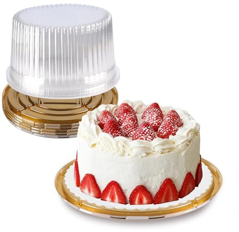 NPLUX 10 Inch Plastic Cake Carriers Gold Cake Containers with Lid and White Cake Boards, Clear Cupcake Holder for 1-2 Layer Cheesecake, Bundt Cake Pie Bakery Supplies(5 Pack)