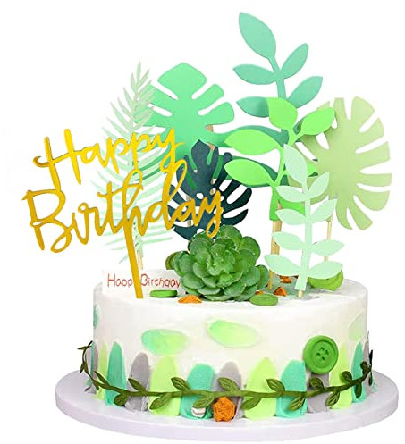Bymivofun 15 Toppers per Torta con Foglie di Palma Tropicali, Topper per Torta di Buon Compleanno, per Forniture per Feste a Tema Hawaiano Tropicale di Compleanno per Bambini