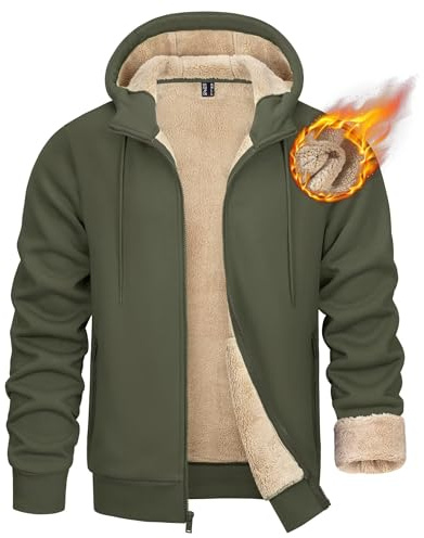 KEFITEVD Vinterjackor med huva för män hel dragkedja fleece huvtröja ledig varm vindtät huvtröja med flera fickor, Armégrönt, XL