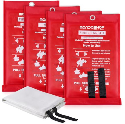 Kitchen Fire Blanket Emergency for Home - Mondoshop TUV Certified Fire Resistant Blanket for Car, Office, Warehouse, Fireplace, Camping, Picnic, Campervan, House, Commercial, Household (4-Pack)