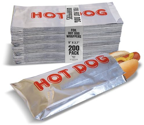 Folie varmkorvsomslag, 23 cm x 9,4 cm, isolerade fettbeständiga varmsäcksärmar, engångsfoliepapper varmkorvspåsar, av Better Kitchen Products (200-pack)