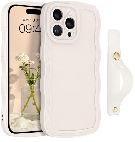 GUAGUA iPhone 15 Pro Wavy Case with Wrist Strap, Cute Curly Wave Shape, Adjustable Wristband Kickstand, Shockproof Protective Case for iPhone 15 Pro 6.1'', Antique White