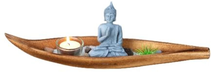 Dekotablett Set Teelichthalter Buddha Steine Deko-Gras Kerzentablett 38cm modern Edel mit Dekoteller/Dekosteine (Buddha)