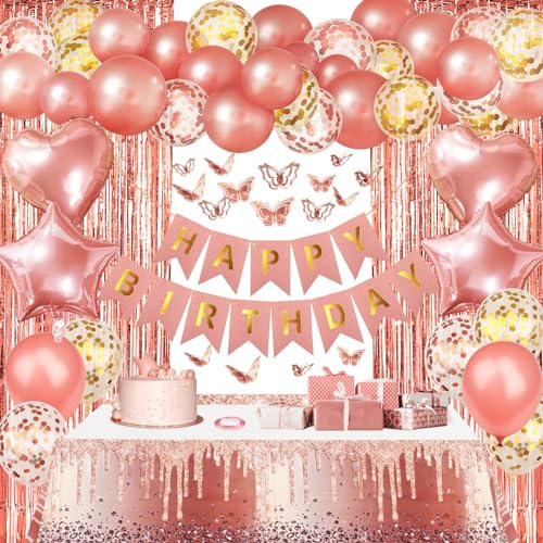 ZERODECO Roségold Geburtstag Party Dekorationen, Geschirr Happy Birthday Banner Fringe Vorhang Herz Stern Folie Konfetti Ballons Schmetterling Aufkleber für Frauen Mädchen Geburtstag Prinzessin Party