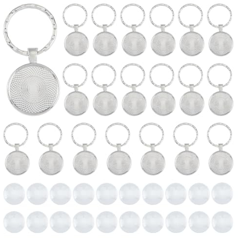 DICOSMETIC 20 Stück Cabochon Schlüsselanhänger Set Platin Runder Anhänger 25mm Blanko Legierungstablett Charms Rohlinge Tabletts Für Foto Mit 20 Stück Cabochon Für Die DIY Schmuckherstellung
