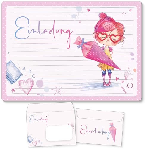 beriluDesign 12 Einladungskarten Einschulung Mädchen zum Schulanfang - Einladungen für Kinder zum Schulbeginn (Einschulung Mädchen)