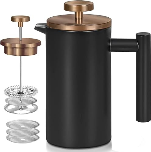 WORBIC Cafetiere - Cafetera de prensa francesa, 1500 ml, acero inoxidable aislado de doble pared, sistema de filtración de 3 niveles, prensa francesa para el hogar, campamento y oficina (negro 1,5 l)