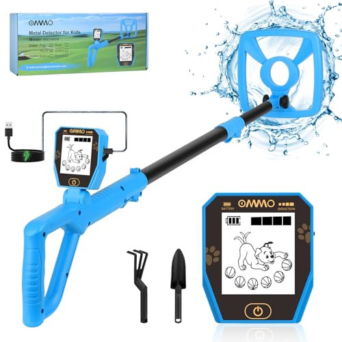 OMMO Metal Detector for Kids, USB Rechargeable Metal Detector with LCD Screen Backlit, 28.3''-39.4'' Adjustable for Children, Lightweight Metal Detectors with IP67 Waterproof Coil for Treasure Hunting