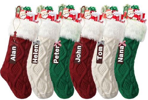 SOMYTING 6 calcetines de Navidad de punto de lana con etiquetas para el nombre, calcetines de Navidad decorativos para fiestas de Navidad, decoraciones de Navidad y regalos infantiles