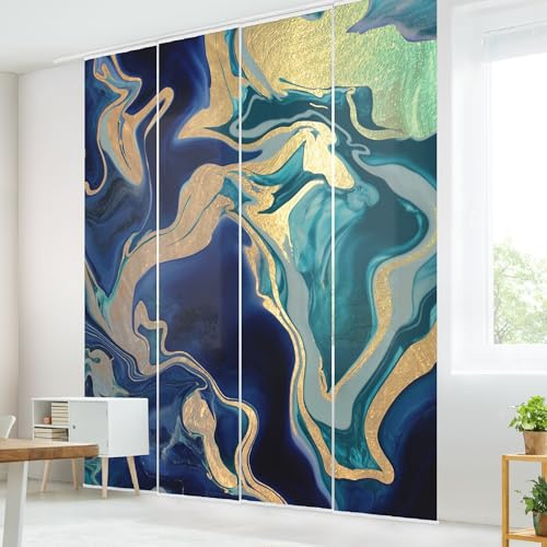 micasia Schiebegardine halbtransparent 60er Paneel Klett Muster Textil lichtdurchlässig - Motiv Aquarell Flächenvorhang blau Wohnzimmer Schlafzimmer 2487 (240x250 cm - 4er Set)