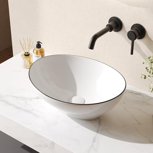 Countertop Bathroom Sink, DeerValley Ceramic Cloakroom Wash Basin, Oval Vanity Vessel Sink Bowl White Art Deco Basin - 41.5 x 33.5 x 14cm