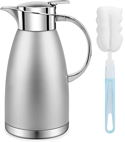 61oz Coffee Carafe Airpot Insulated Coffee Urn Stainless Steel Vacuum Thermal Pot Flask Dispenser for Coffee, Hot Water, Tea, Hot Beverage - Keep 12 Hours Hot, 24 Hours Cold, Silver