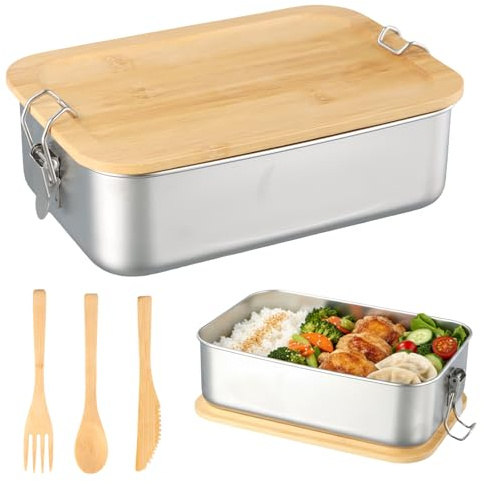 Ziyonix Brotdose Edelstahl Lunchbox Erwachsene Kinder, 1400ML Brotdose Metall mit Holzdeckel BPA-frei Frühstücksbox Brotbox mit Holzbesteckset für Schule Ausflüge Kindergarten