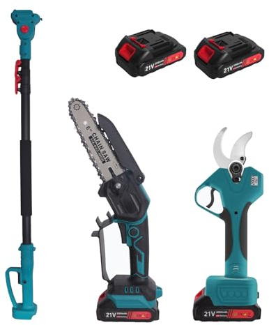 Kit de Tijeras de Podar Bateria 40mm y 6'' Mini Motosierra Bateria con Pértiga Telescópica 21V para Jardin