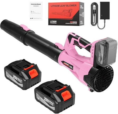 Trådlös lövblås 21 V – lätt elektrisk lövblås med variabel hastighet, litiumbatteri och laddare för gräsmatta uteplats damm och snörengöring (rosa)