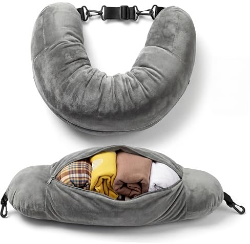 Campoverde Travel Neck Pillow Storage Bag, U-Shaped Pillowcase with Adjustable Shoulder Strap, Portable Organizer for Flight, Train and Car Travel(Grey)
