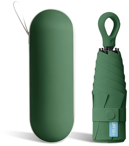 Parapluie Compact de Voyage –Boucle en anneau Mini Parapluie Capsule 6 Nervures Coupe-Vent, Ultra Léger et Résistant, Idéal pour Hommes et Femmes, se Range Facilement dans un Sac (Vert foncé)