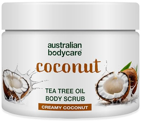 Body Scrub de Australian Bodycare, para hombres y mujeres, 400 ml | Exfoliante con aceite de árbol del té 100% natural + Coco | Para espinillas en la cuerpo, impurezas y pelos encarnados.
