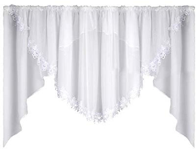 Schöne Fertiggardinen Gardinen mit kräuselband Fenstergardinen Gardine küche aus Voile mit Faltenband Kräuselband Store Kurzgardine Spitze Kurz Modern Weiß Gipüre 150x400 cm LB-5