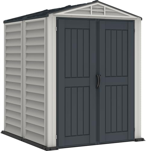 Duramax YardMate PLUS 5 x 5 (2.92 m²) Abri de jardin en plastique avec plancher en plastique robuste, structure de toit en métal robuste, ignifuge et sans entretien, Gris foncé/ Adobe
