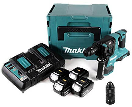 Makita DHR 281 PG4J - Martillo perforador inalámbrico (28 mm, 2 x 18 V, para SDS-PLUS con mandril de cambio rápido en Makpac, 4 baterías de 6,0 Ah y cargador doble)