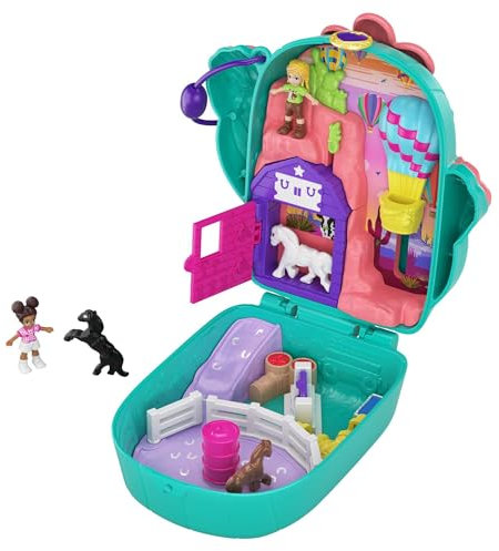 Polly Pocket GKJ46, Kaktus Reiterhof Schatulle mit lustigen Überraschungen, den kleinen Puppen und Shani, 2 Pferde-Figuren und Stickerbogen, Spielzeug für Kinder ab 4 Jahren