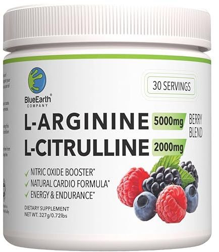 BlueEarth Company L-Arginine 5000mg + L-Citrulline 2000mg Complex Powder Supplement - Nitric Oxide Booster - Heart Health, Blood Flow, Energy & Endurance - 30 Servings (Berry Blend)